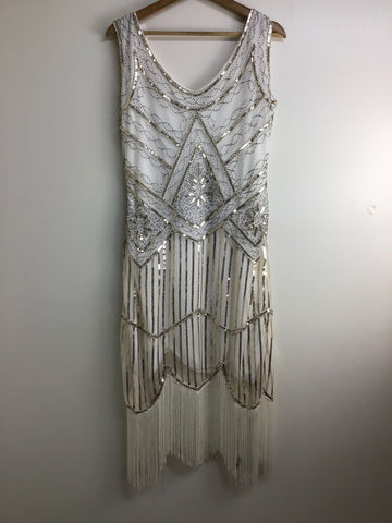 Vintage Inspired Dresses - White & Silver Flapper Style Dress - Size L - VDRE2044 - GEE