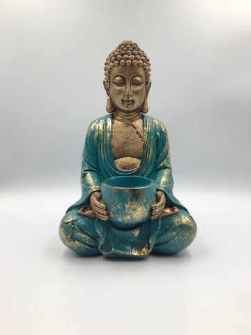 Giftware - 30cm Blue/Gold Rulai Decor Buddah With Bowl  - NACCE - GEE