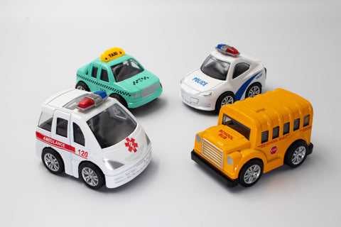 4 x Toy Cars Taxi Police Ambulance School Bus N-TCAR GME